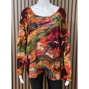 Keren Hart Top Shirt Women Plus 2X Multicolor Artsy Crafty Embroidered Cotton